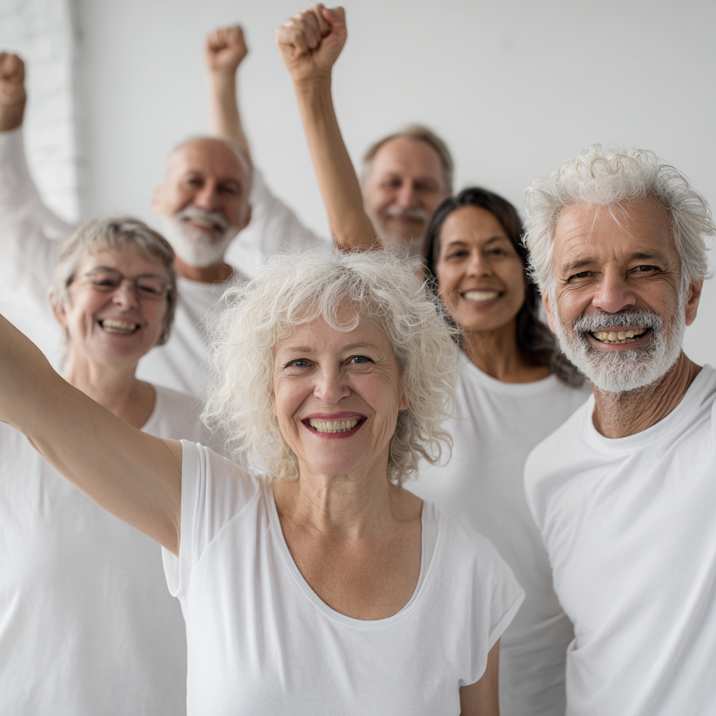 diverse group of 52 years old people celebrating healthy lifestyle achievements together